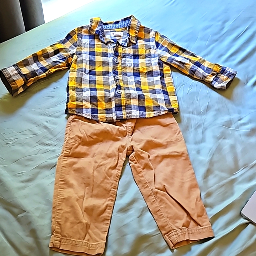12 Mo Boy Outfit - Set of Long Sleeve Plaid Shirt and Courdorpy Pants